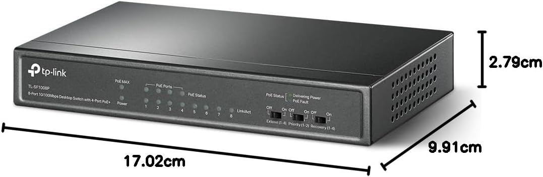 TP-Link PoE Switch 8-Port 100 Mbps, 4 PoE ports up to 15.4 W for each PoE port and 57 W for all PoE ports, Metal Casing, Plug and Play, Ideal for IP Surveillance and Access Point (TL-SF1008P), Black