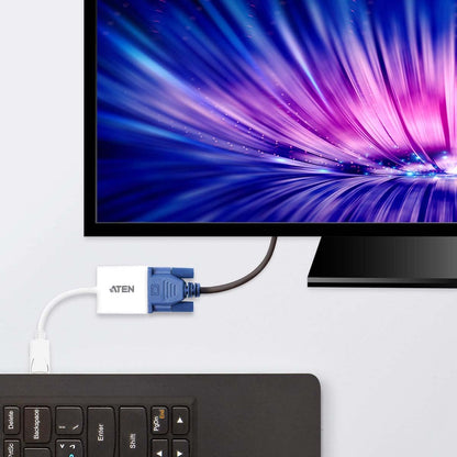 ATEN DisplayPort to VGA Converter Adapter VC925 Supports VGA, SVGA, XGA, SXGA, UXGA and resolutions up to 1920x1200 (PC) / 1080p (HDTV) No software or driver installation, DisplayPort 1.2 compliant