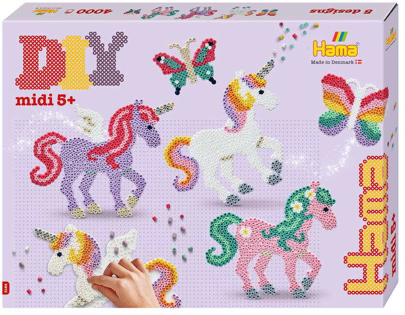 Hama Cuentas | aprox. 4.000 cuentas, 2 tableros de clavijas: mariposa n.º 298 y caballo de fantasía n.º 315. Hoja de diseño impresa a color, instrucciones y papel de planchado.