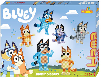 Hama Bluey Gift Box, Iron on Fuse Bead Set, 4000 Beads with 2 Square Pegboards, Design Sheet and Instructions, Ages 5+, Arts and Crafts for Children