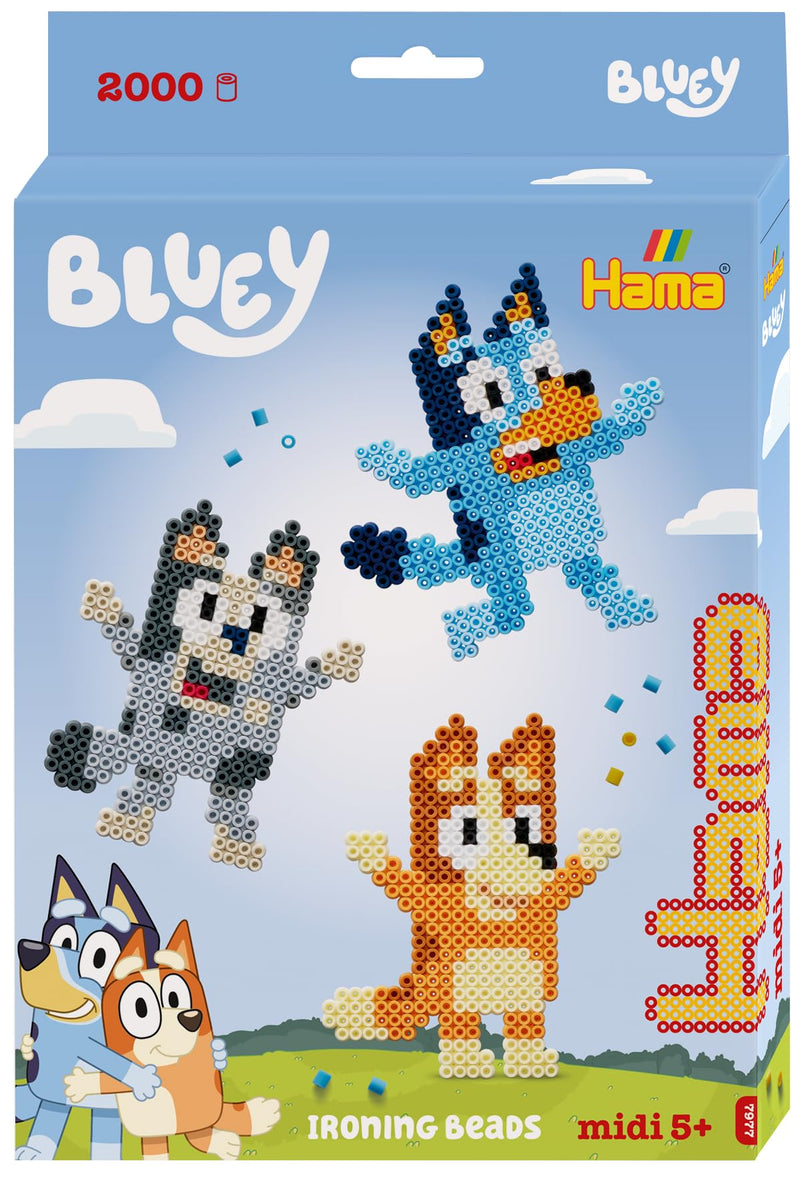 HAMA – Coffret perles à repasser Bluey – 2000 perles midi 5 mm – Plaque carrée, modèles personnages Bluey et papier – Loisirs créatifs enfants dès 5 ans