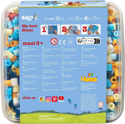 Hama Bluey - Caja de manualidades Maxi Beads – 900 cuentas de fusibles para planchar, tablero de clavijas grande, hoja de diseño, cuerda y papel de planchado – Kit de arte y manualidades para niños a