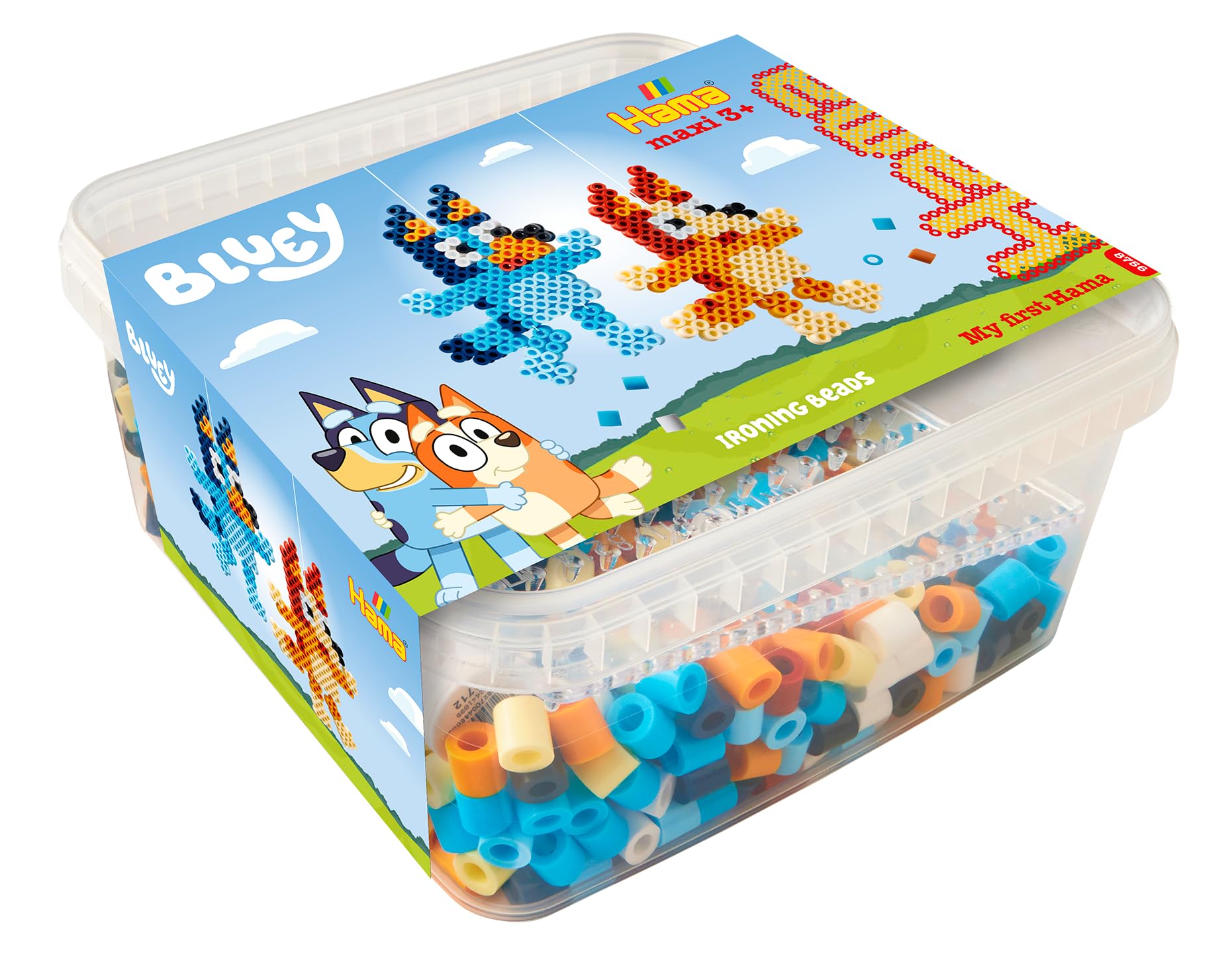 Hama Bluey - Caja de manualidades Maxi Beads – 900 cuentas de fusibles para planchar, tablero de clavijas grande, hoja de diseño, cuerda y papel de planchado – Kit de arte y manualidades para niños a