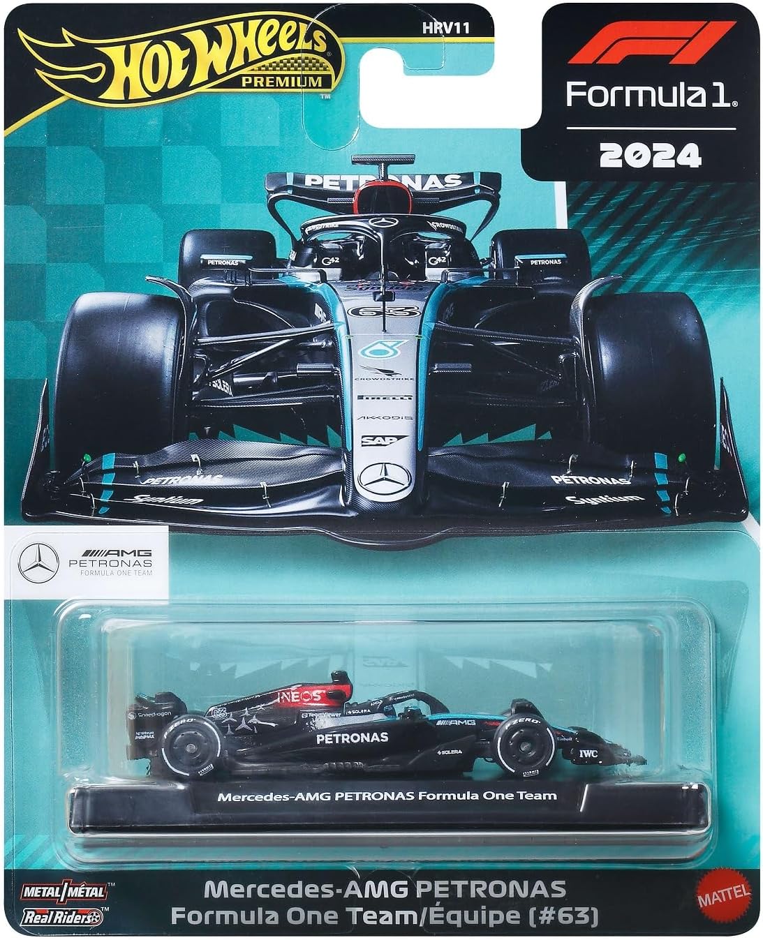 Hot Wheels Mercedes-Benz AMG F1 Team 2024 Formule 1 modelauto - George Russell 63 - De cast schaal 1:64 - lengte 8 cm - JBM18