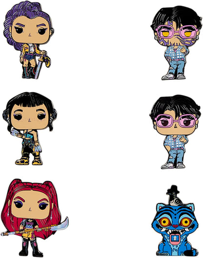 Loungefly - KPop Demon Hunters - Blind Box Enamel Pins - Mystery Pack with 1 of 6 Characters - Jinu, Rumi, Zoey, Mira, Derpy - Chance for Rare Chase Variant: Jinu with Glowing Demon Marks - Gift Idea
