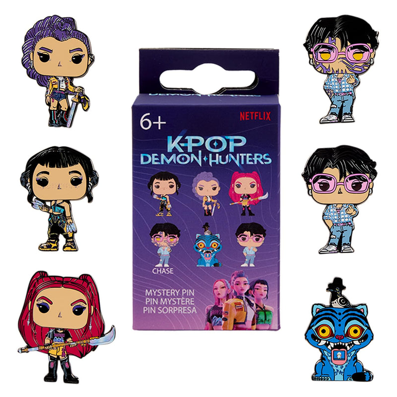 Loungefly - KPop Demon Hunters - Blind Box Enamel Pins - Mystery Pack with 1 of 6 Characters - Jinu, Rumi, Zoey, Mira, Derpy - Chance for Rare Chase Variant: Jinu with Glowing Demon Marks - Gift Idea