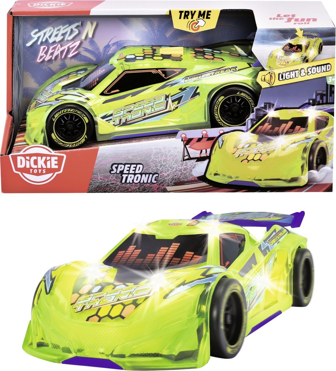 Dickie Toys Speed Tronic Speelgoedauto, knipperlichten, muziek, Auto Streets N BEATZ wrijvingsmotor, 20 cm, inclusief batterijen, voor jongens en meisjes vanaf 3 jaar (203763009