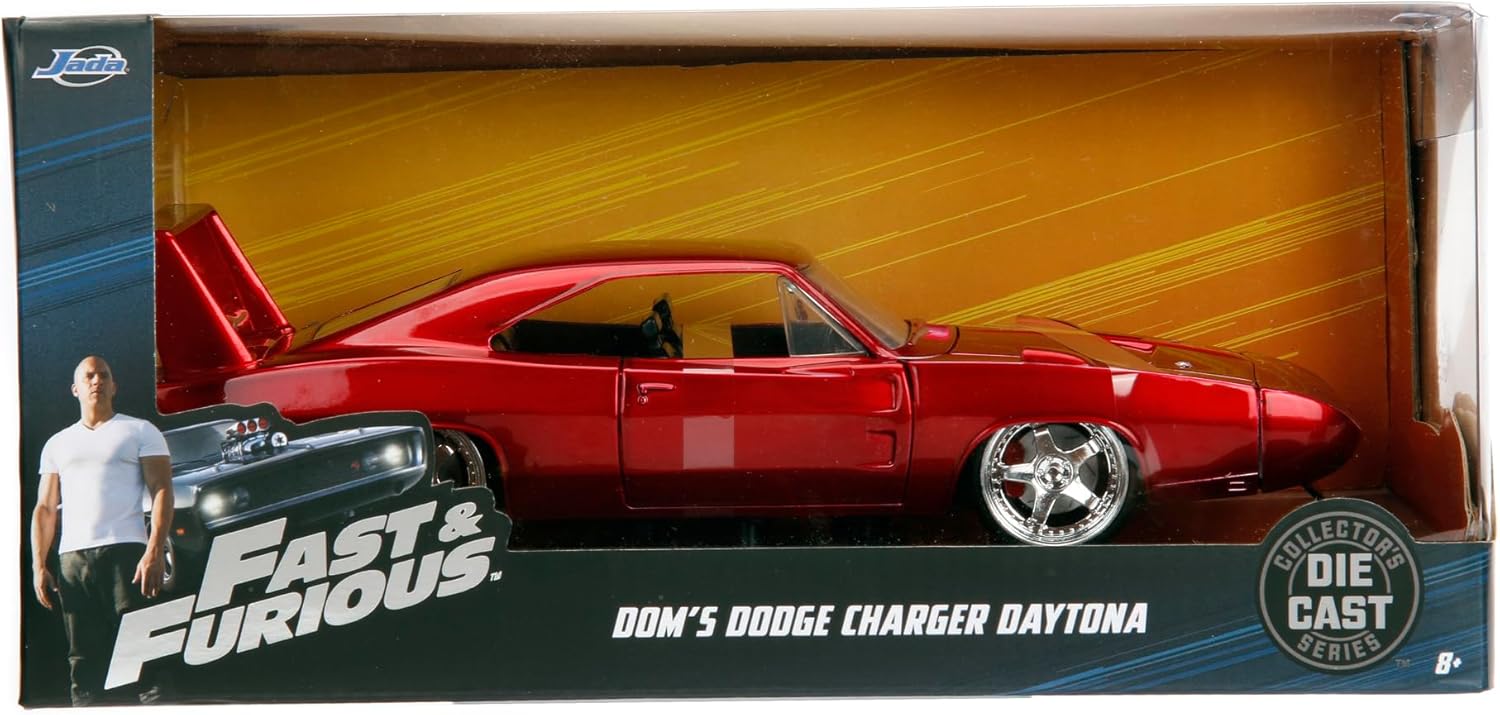 Jada Toys Fast & Furious 's 1969 Dodge Charger Daytona, auto, tuning-model op schaal 1:24, met spoiler, deuren te openen motorkap en kofferbak, vrijloop, rood metallic