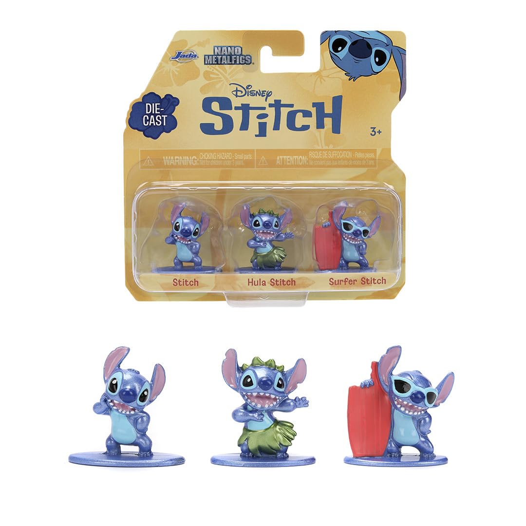 Jada Toys Disney Stitch figuren (3 stuks) - set van 3 verzamelfiguren van Lilo & Stitch (Stitch, Hula Stitch, Surfer Stitch), nano-metalen figuren voor fans en kinderen vanaf 8 jaar, elk 4 cm