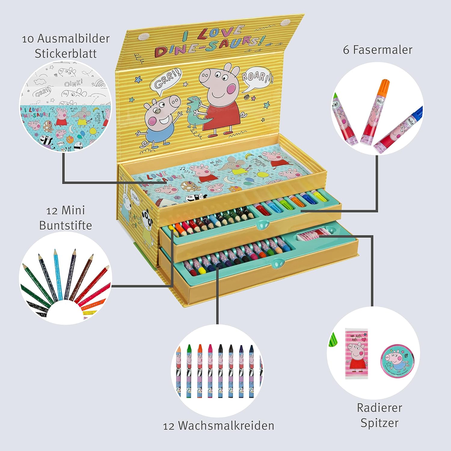 Undercover - Peppa Pig schilderkoffer 44-delig – creatieve kinderset met 3 vakken vol schilderplezier – waxschilder kleurpotloden postersticker – voor kinderen vanaf 3 jaar, roze