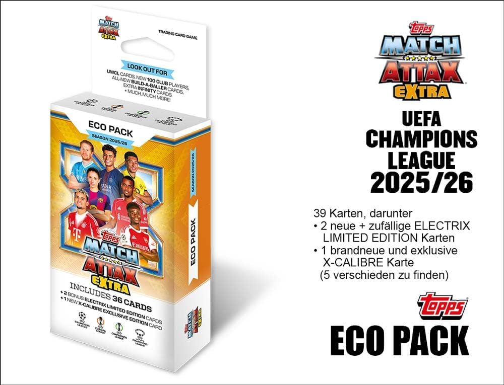 Topps Match Attax EXTRA 2025/2026 - ECO‑Pack 39 Cards 2 Electrix Limited Editions + 1 Exclusive X‑Calibre Card UEFA Champions League Trading Cards