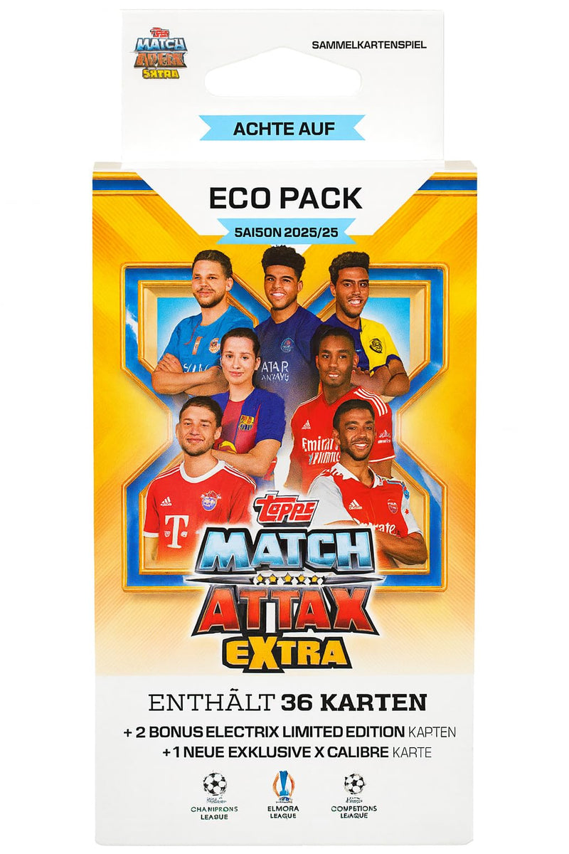 Topps Match Attax EXTRA 2025/2026 - ECO‑Pack 39 Cards 2 Electrix Limited Editions + 1 Exclusive X‑Calibre Card UEFA Champions League Trading Cards