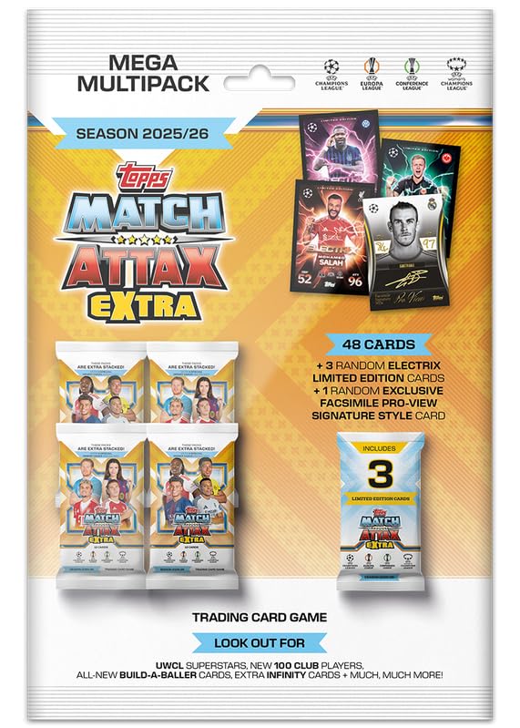 Topps UCC Match Attax Extra 2026 - Mega Multipack - contains 48 cards plus 3 random Electrix LE cards and a random Facsimile Pro-View Signature Style card.