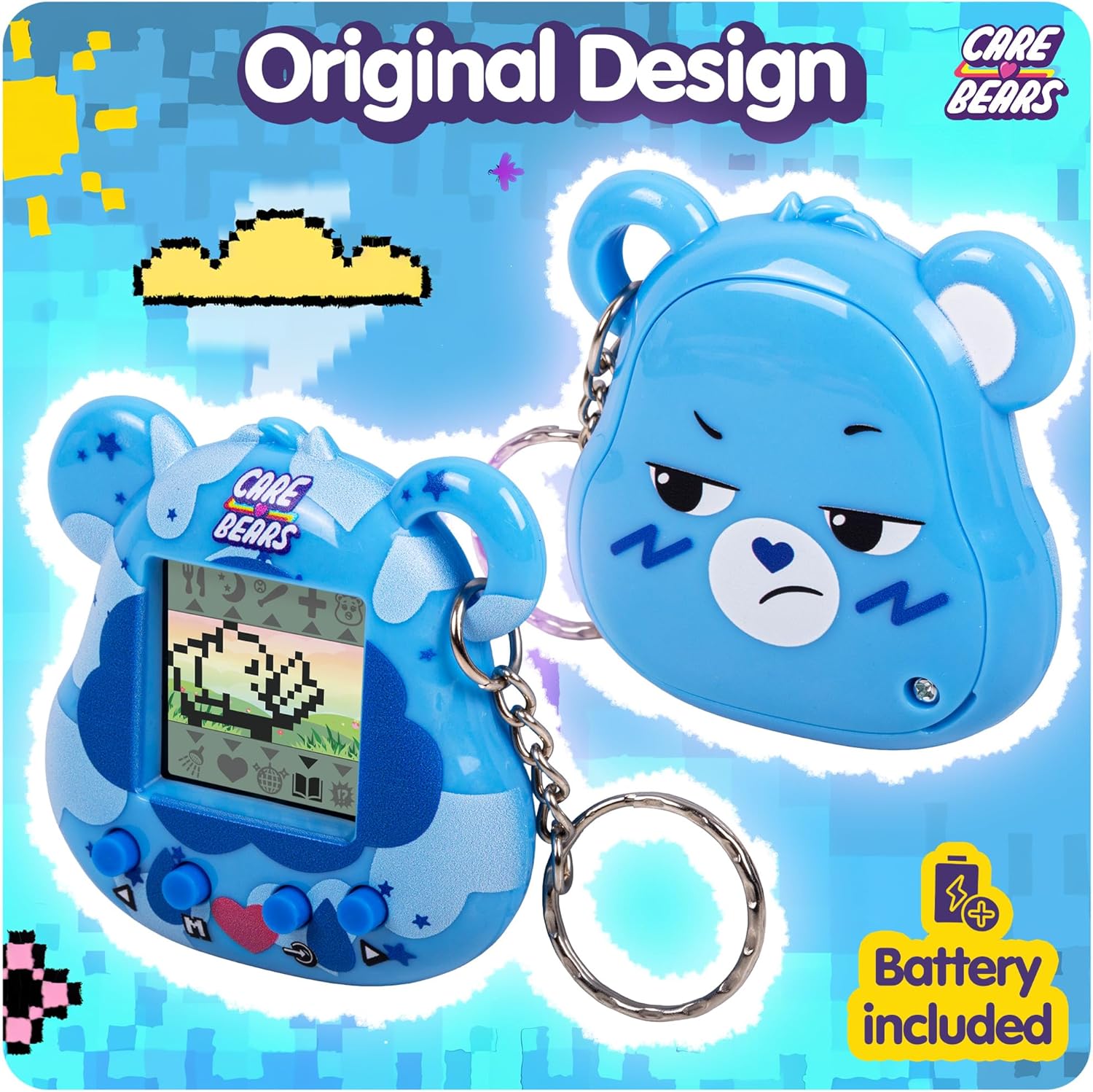 Care Bears Digital Pet - Grumpy Bear Cyber Pet with Care Features, 1.4” Inch Screen, Handheld Interactive Virtual Pets for Kids, Collectible Electronic Toy, Battery Included