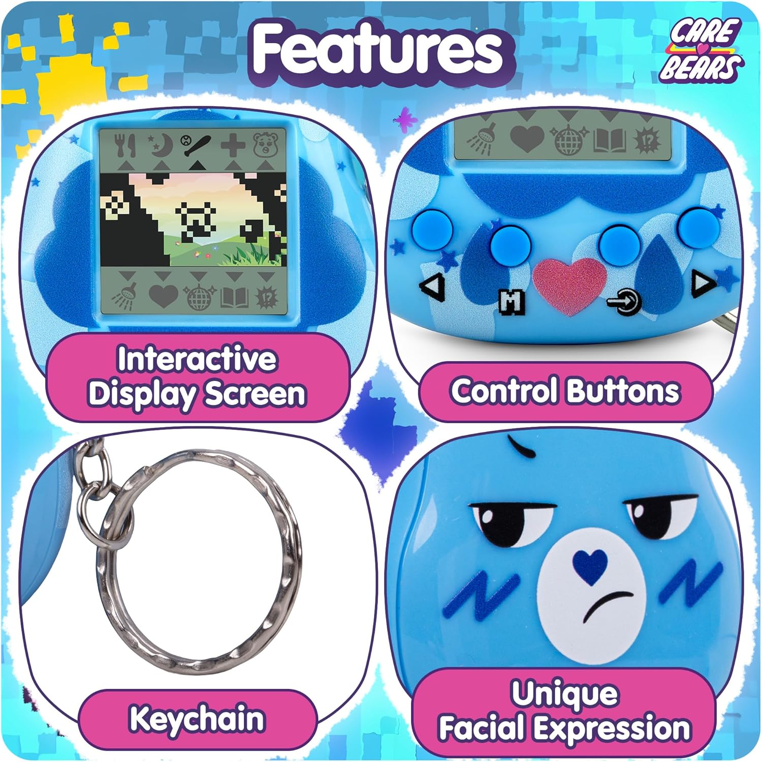 Care Bears Digital Pet - Grumpy Bear Cyber Pet with Care Features, 1.4” Inch Screen, Handheld Interactive Virtual Pets for Kids, Collectible Electronic Toy, Battery Included