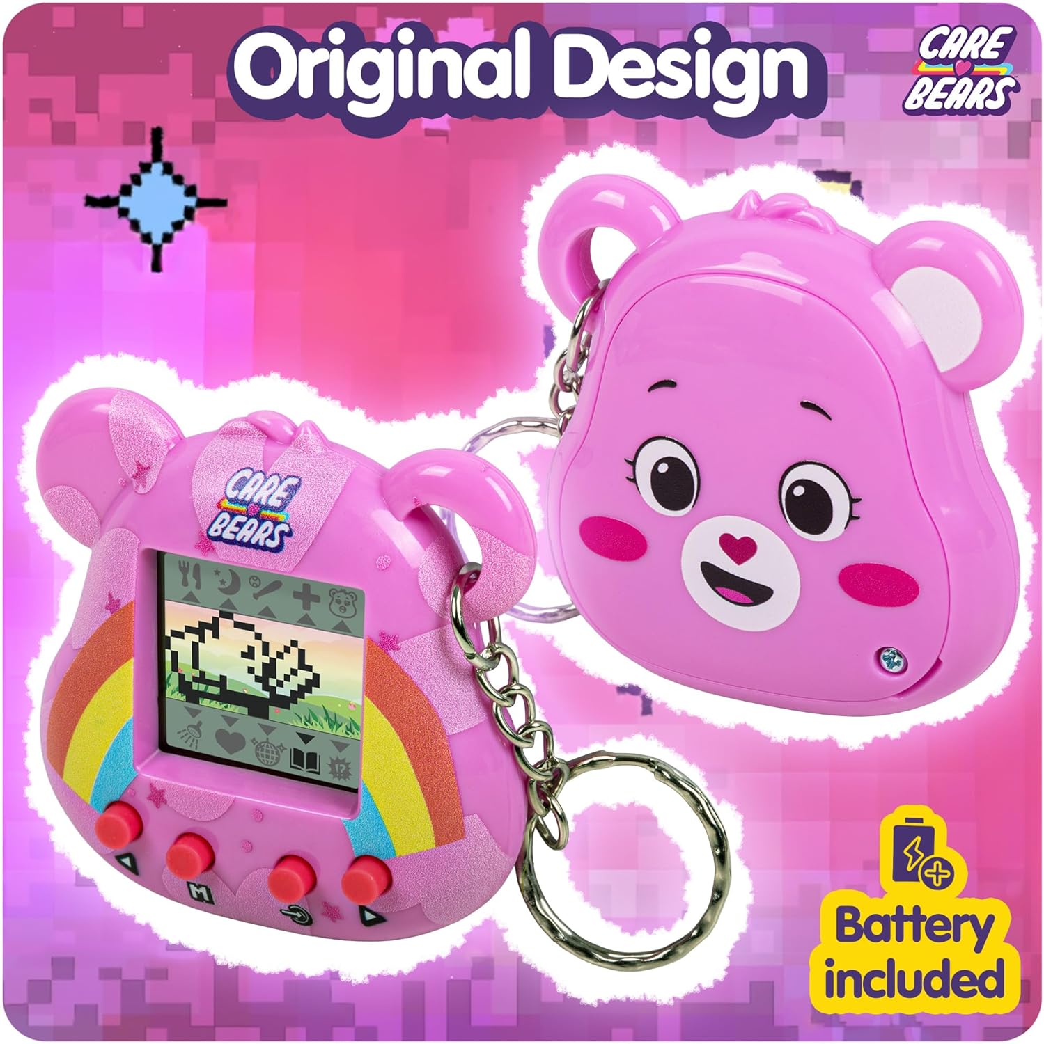 Bisounours virtuel Care Bears - Cyber-animal de compagnie Cheer Bear avec fonctions de soins, écran 1,4", animaux virtuels interactifs portables pour enfants, jouet électronique de collection, batteri
