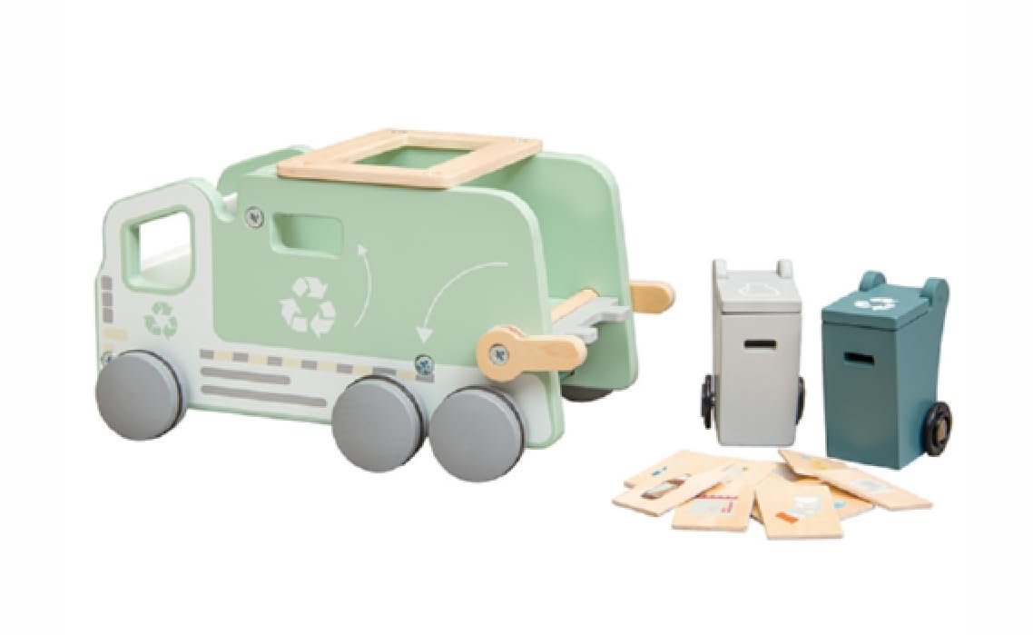 Houten Recycling Vrachtwagen Speelset, 13-delig, 24 × 14 × 11,5 cm, Groen, Educatief Speelgoed vanaf 3 Jaar