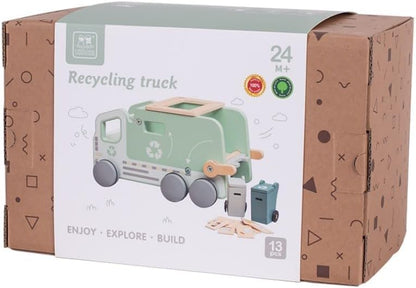 Houten Recycling Vrachtwagen Speelset, 13-delig, 24 × 14 × 11,5 cm, Groen, Educatief Speelgoed vanaf 3 Jaar