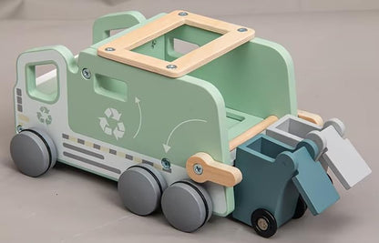 Houten Recycling Vrachtwagen Speelset, 13-delig, 24 × 14 × 11,5 cm, Groen, Educatief Speelgoed vanaf 3 Jaar