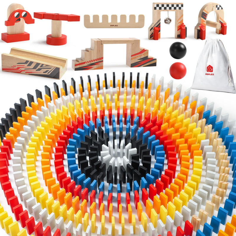 Dorjee - D3.400 - Kleurrijk houten Domino race thema, bevat 115 stuks - met katoenen tas - voor kinderen vanaf 4 jaar.