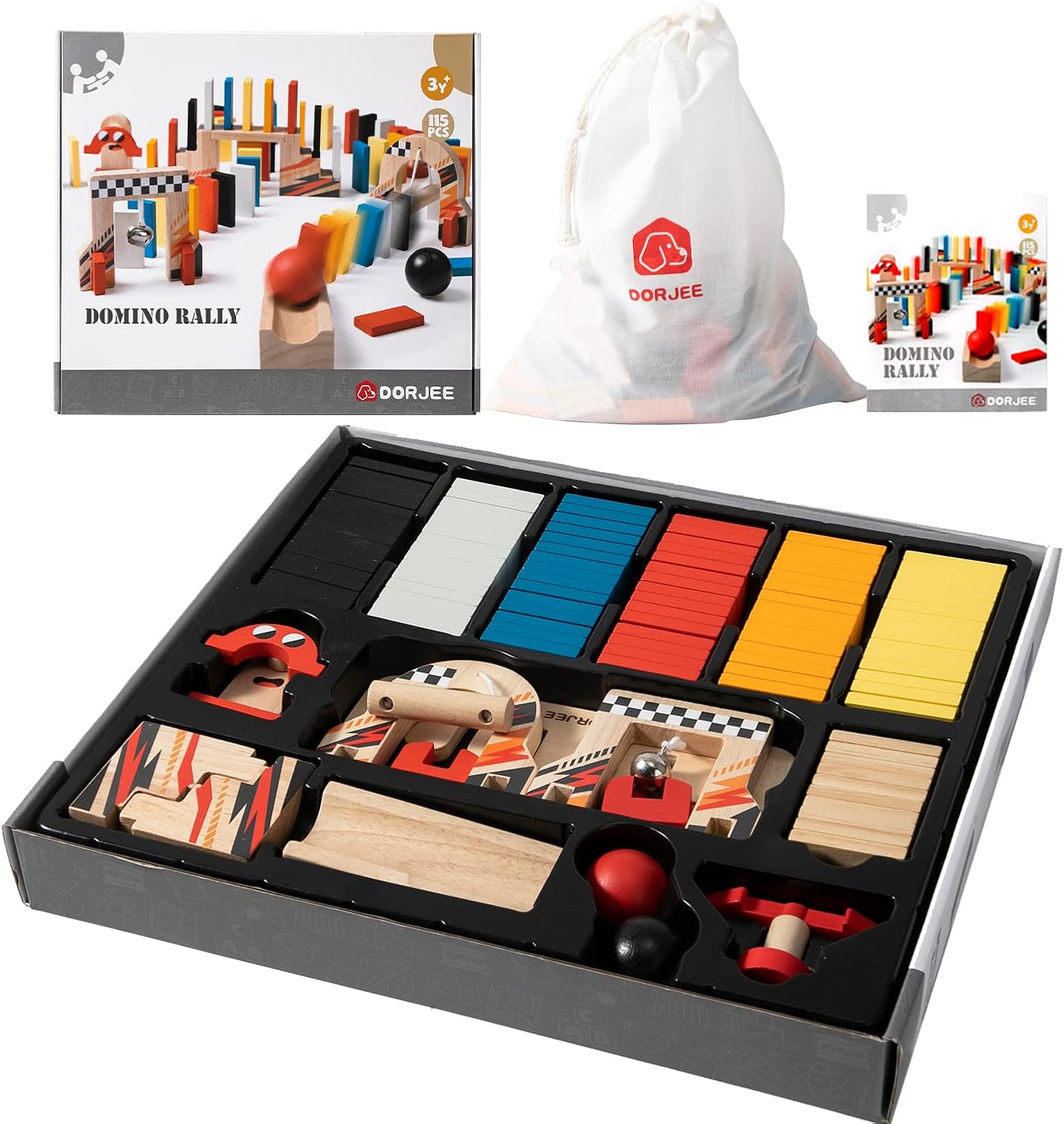 Dorjee - D3.400 - Kleurrijk houten Domino race thema, bevat 115 stuks - met katoenen tas - voor kinderen vanaf 4 jaar.