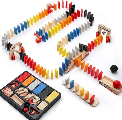 Dorjee - D3.400 - Kleurrijk houten Domino race thema, bevat 115 stuks - met katoenen tas - voor kinderen vanaf 4 jaar.