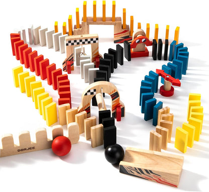 Dorjee - D3.400 - Kleurrijk houten Domino race thema, bevat 115 stuks - met katoenen tas - voor kinderen vanaf 4 jaar.