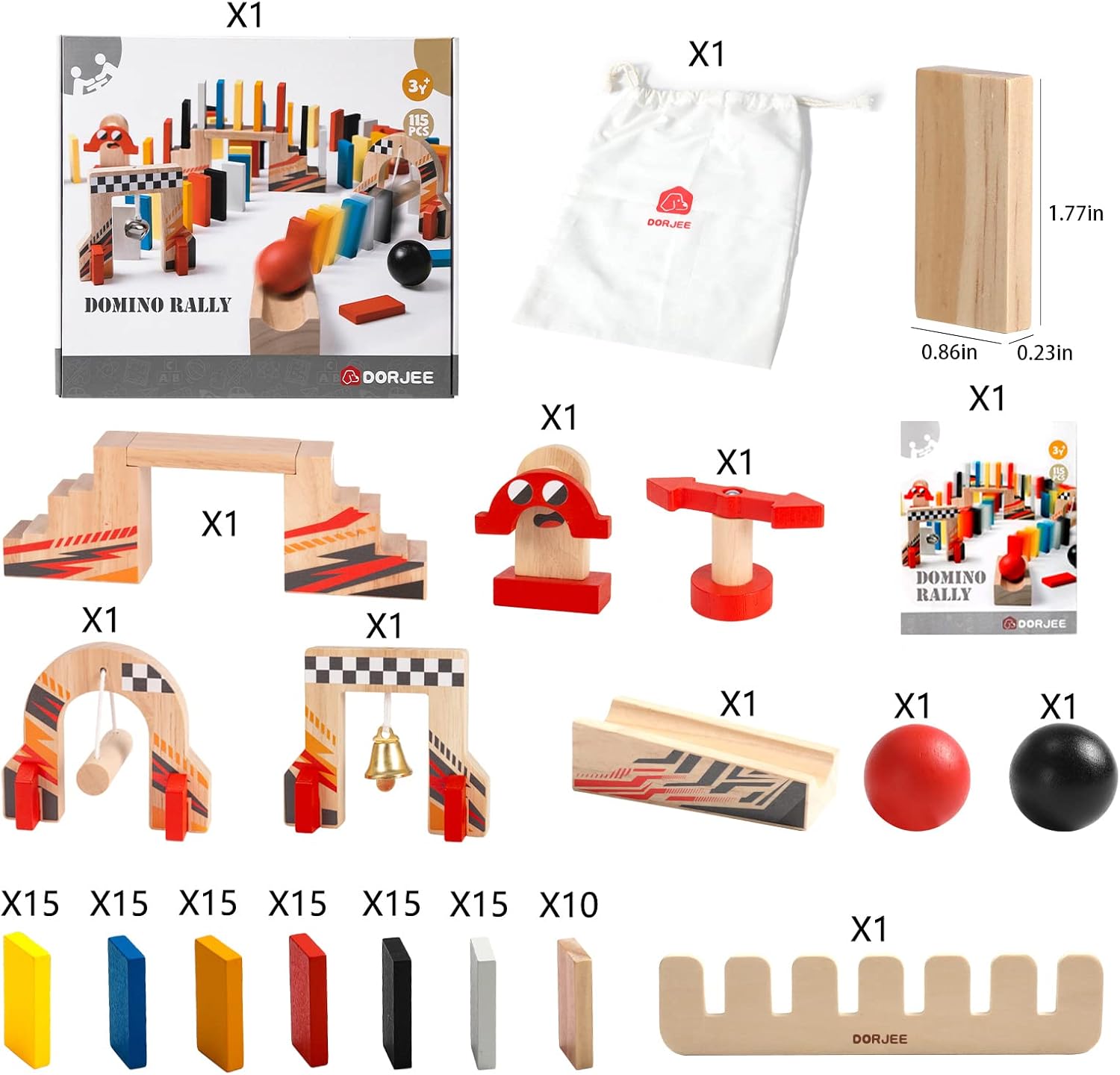 Dorjee - D3.400 - Kleurrijk houten Domino race thema, bevat 115 stuks - met katoenen tas - voor kinderen vanaf 4 jaar.