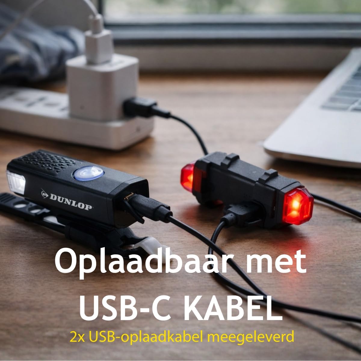 Dunlop Fietslamp Set Oplaadbaar - Fietsverlichting Voorlicht en Achterlicht - Fietslicht met USB Kabels en 7 Lichtstanden - Achterlicht Fiets Oplaadbaar met Siliconen Bevestiging - Zwart