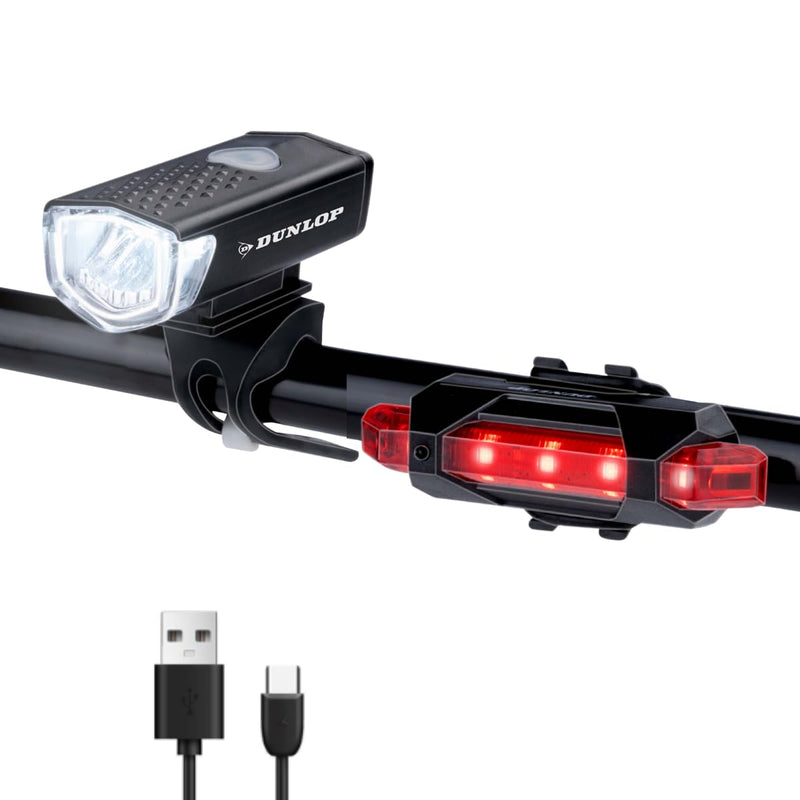 Dunlop Fietslamp Set Oplaadbaar - Fietsverlichting Voorlicht en Achterlicht - Fietslicht met USB Kabels en 7 Lichtstanden - Achterlicht Fiets Oplaadbaar met Siliconen Bevestiging - Zwart
