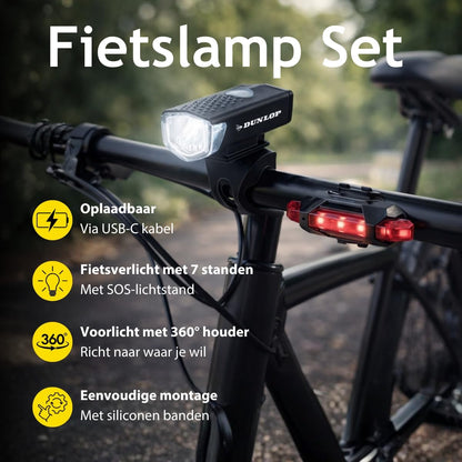 Dunlop Fietslamp Set Oplaadbaar - Fietsverlichting Voorlicht en Achterlicht - Fietslicht met USB Kabels en 7 Lichtstanden - Achterlicht Fiets Oplaadbaar met Siliconen Bevestiging - Zwart