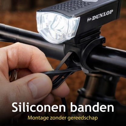 Dunlop Fietslamp Set Oplaadbaar - Fietsverlichting Voorlicht en Achterlicht - Fietslicht met USB Kabels en 7 Lichtstanden - Achterlicht Fiets Oplaadbaar met Siliconen Bevestiging - Zwart