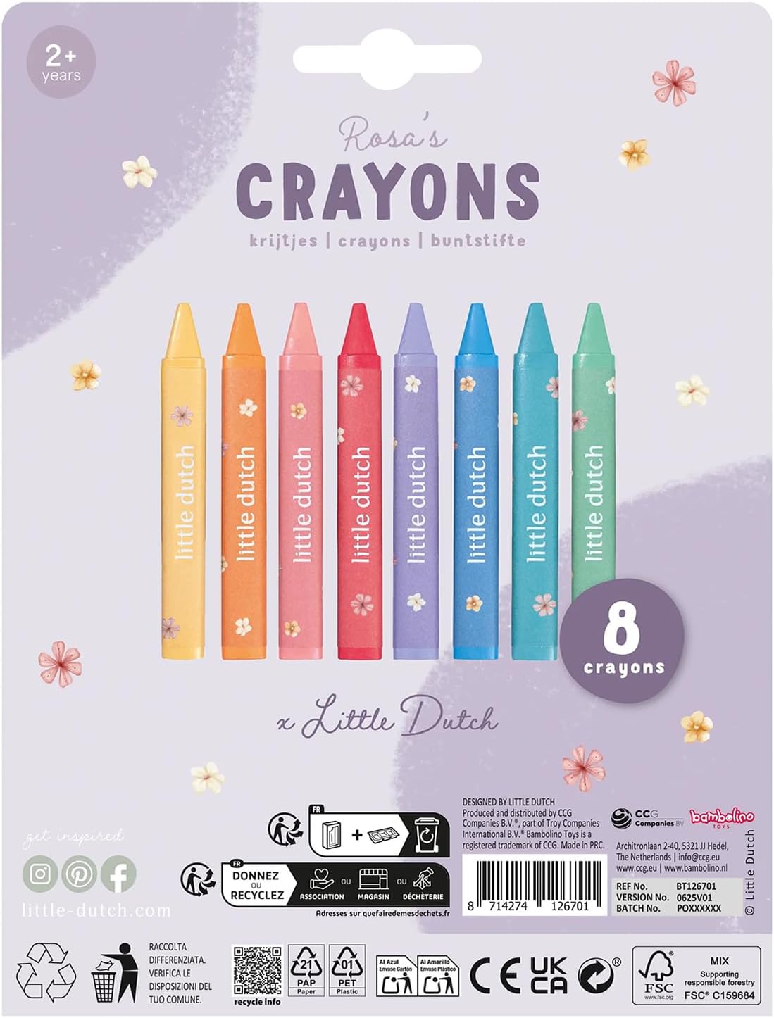 Little Dutch Waskrijt Driehoekig voor Kinderen/Peuters 8 stuks - Pink & Friends
