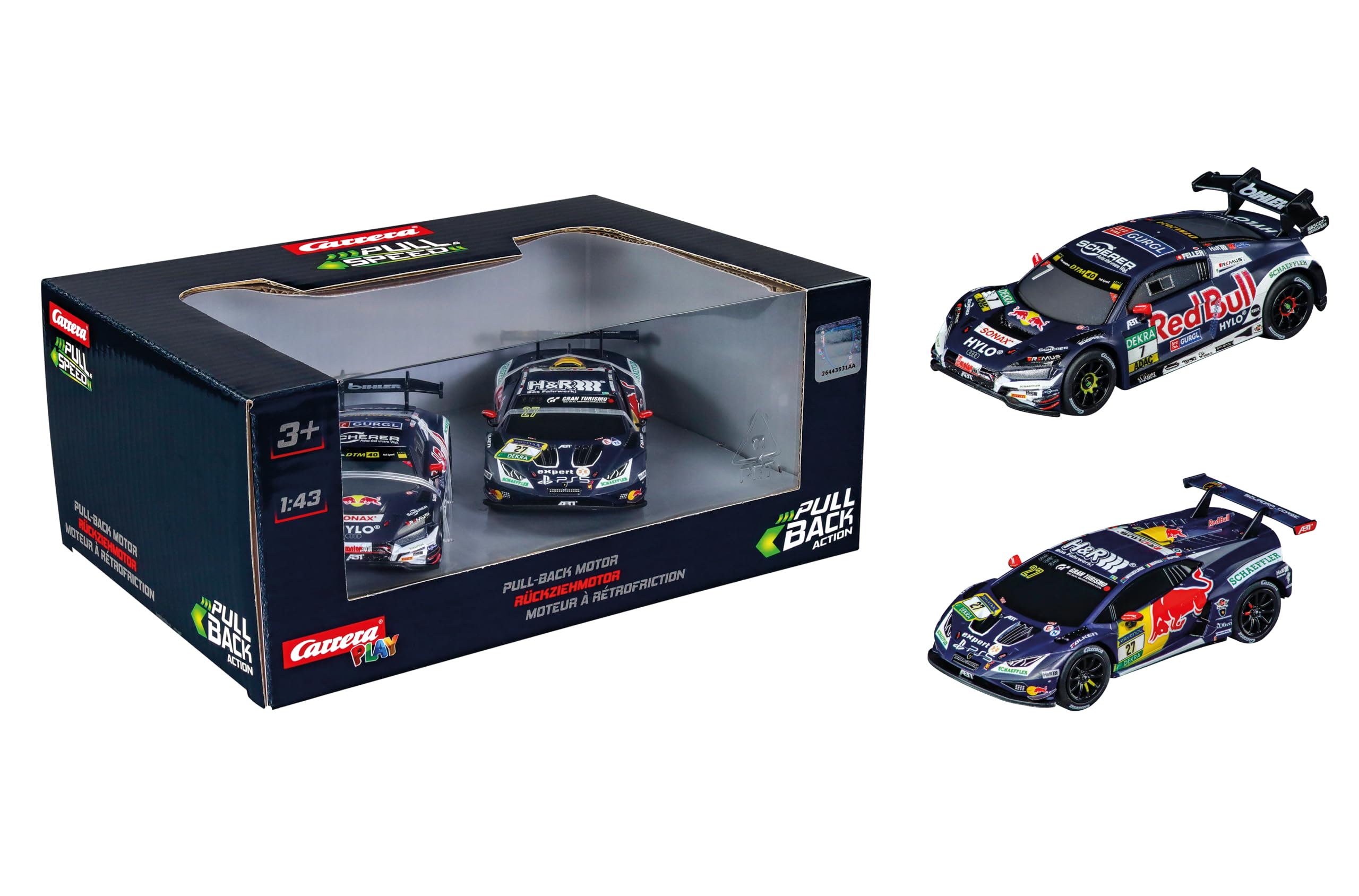 Pull & SPEED Carrera, ABT Sportsline Twinpack, twee terugtrekauto's met pull-back-functie en vrijloop, schaal 1:43, eenvoudig terugtrekken en loslaten voor speelplezier vol actie