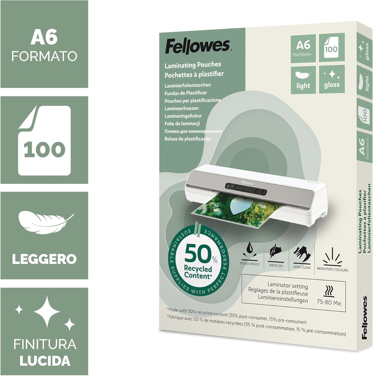 Fellowes Fundas plastificar A6, pack de 100, acabado brillo, uso ocasional 75/80 micras, 50% contenido reciclado, fundas plastificar para profesores y oficinas