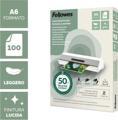 Fellowes Fundas plastificar A6, pack de 100, acabado brillo, uso ocasional 75/80 micras, 50% contenido reciclado, fundas plastificar para profesores y oficinas