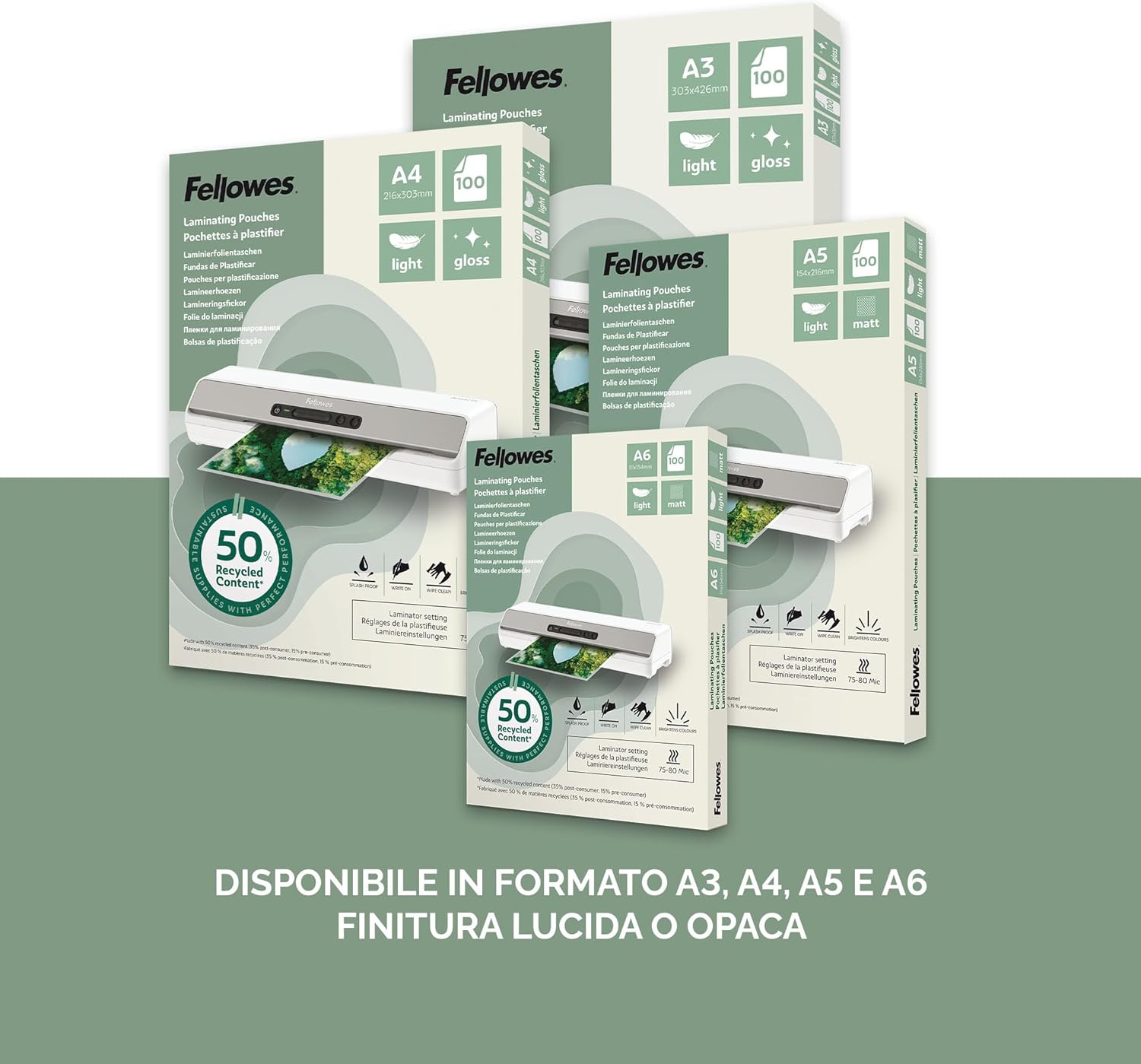 Fellowes Fundas plastificar A6, pack de 100, acabado brillo, uso ocasional 75/80 micras, 50% contenido reciclado, fundas plastificar para profesores y oficinas