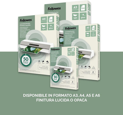 Fellowes Fundas plastificar A6, pack de 100, acabado brillo, uso ocasional 75/80 micras, 50% contenido reciclado, fundas plastificar para profesores y oficinas
