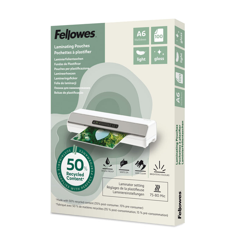 Fellowes Fundas plastificar A6, pack de 100, acabado brillo, uso ocasional 75/80 micras, 50% contenido reciclado, fundas plastificar para profesores y oficinas