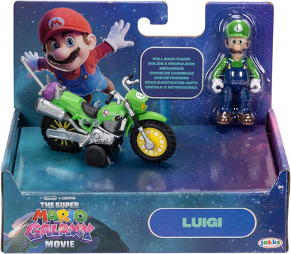 The Super Mario Galaxy Movie Luigi with Motorcycle 2.5" / 6.35cm Action Figure, Officially Licensed by Jakks Pacific, 9 Points of Articulation, Detailed Design, Pull Back and Watch Him Go! For 3+