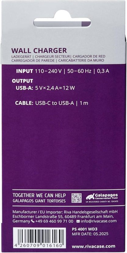 RIVACASE PS4001 WD3 - Caricatore da parete, 2,4 A/2 USB, con cavo di tipo C, colore: Bianco