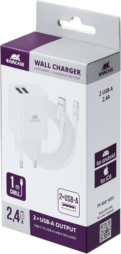 RIVACASE PS4001 WD3 - Caricatore da parete, 2,4 A/2 USB, con cavo di tipo C, colore: Bianco