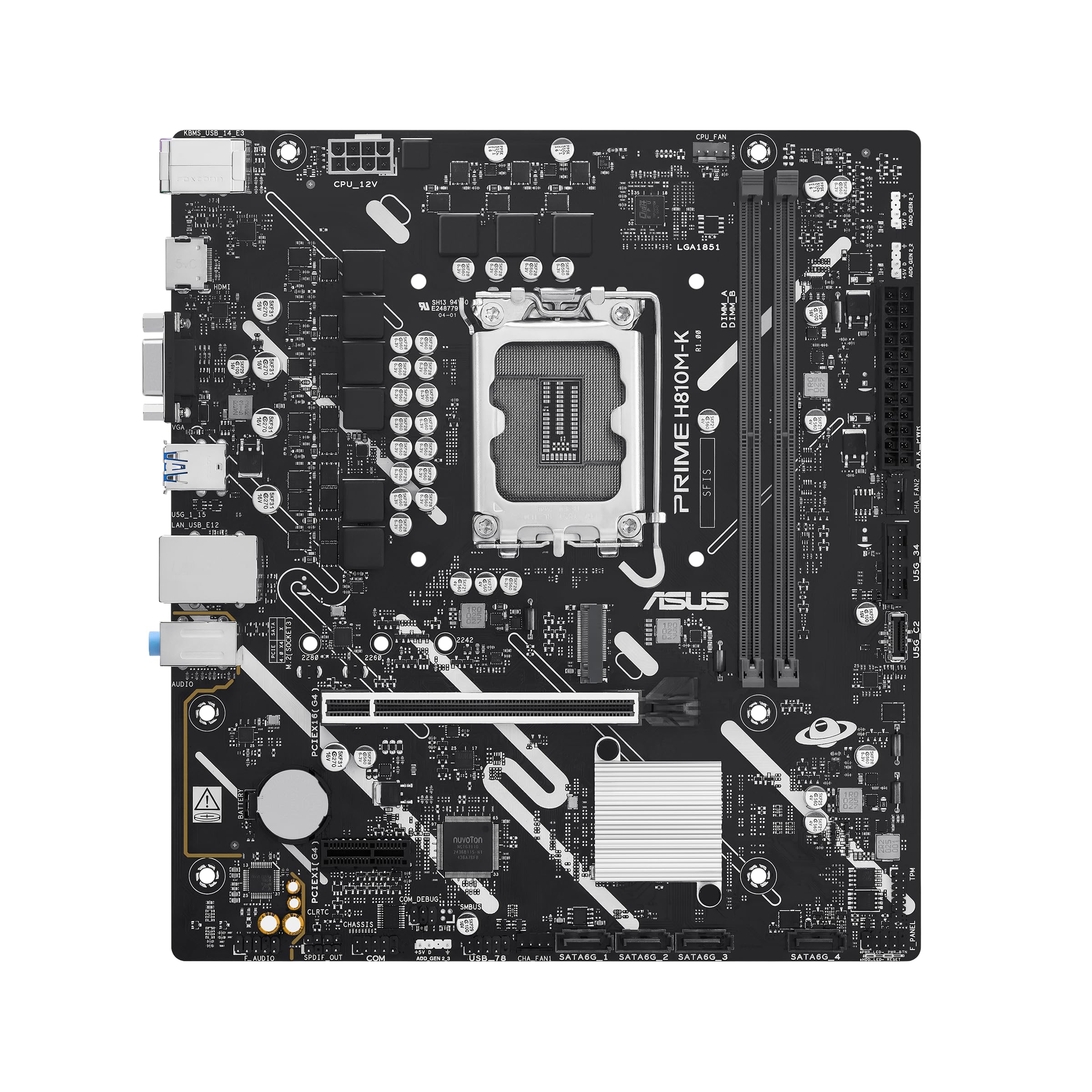 ASUS PRIME H810M-K, Scheda Madre Intel Micro-ATX 6+1+1+1 Fasi di Alimentazione, Slot DDR5, PCIe 4.0, Slot M.2, Ethernet Realtek 1Gb, HDMI TM, VGA, USB-C 5Gbps, Aura Sync, Nera