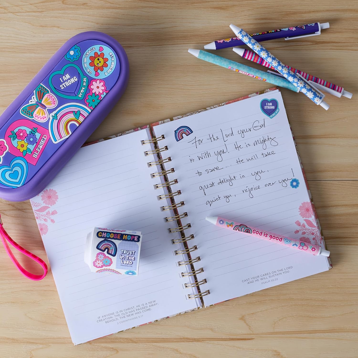 Christian Art Gifts 5 Piece Kids Ballpoint Pen Set for Girls, Inspirational Scripture Multicolor Floral Writing Pens, Retractable, Blue Ink, Medium Ballpoint