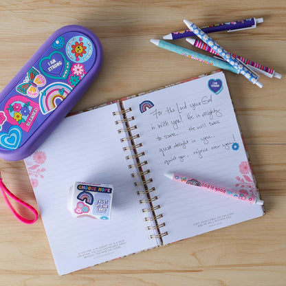 Christian Art Gifts 5 Piece Kids Ballpoint Pen Set for Girls, Inspirational Scripture Multicolor Floral Writing Pens, Retractable, Blue Ink, Medium Ballpoint