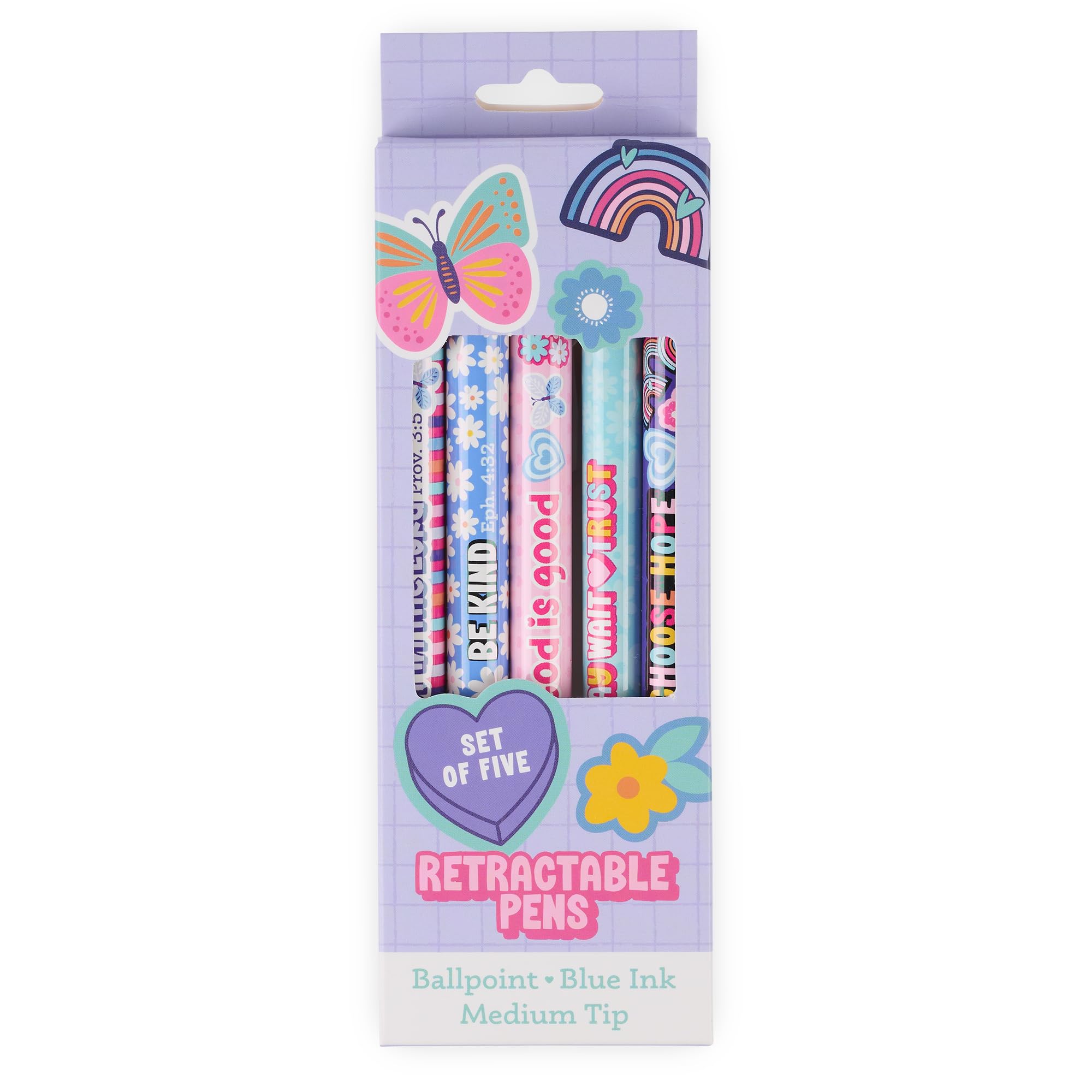 Christian Art Gifts 5 Piece Kids Ballpoint Pen Set for Girls, Inspirational Scripture Multicolor Floral Writing Pens, Retractable, Blue Ink, Medium Ballpoint