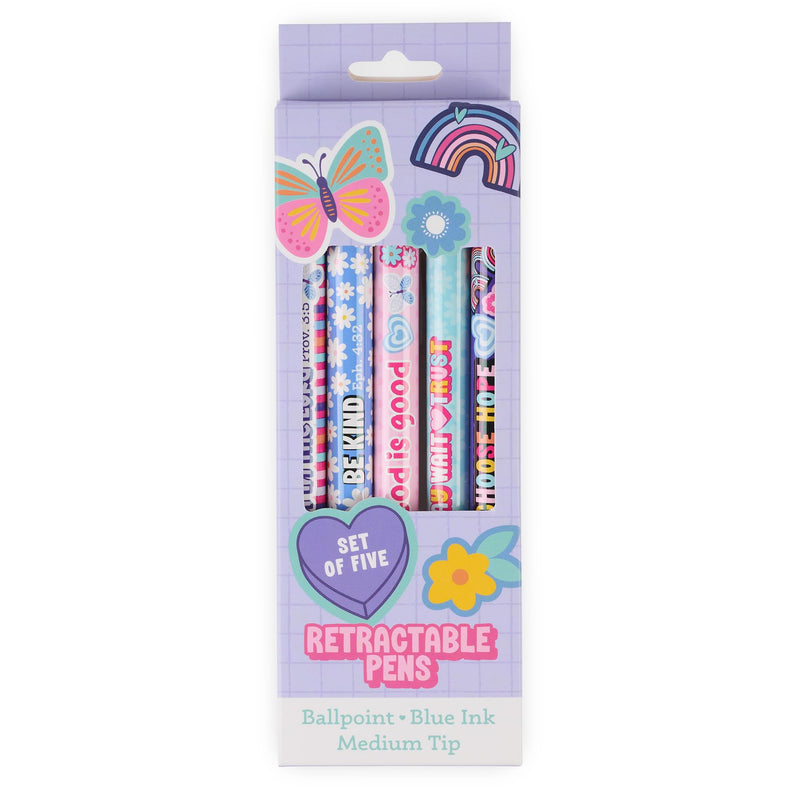 Christian Art Gifts 5 Piece Kids Ballpoint Pen Set for Girls, Inspirational Scripture Multicolor Floral Writing Pens, Retractable, Blue Ink, Medium Ballpoint
