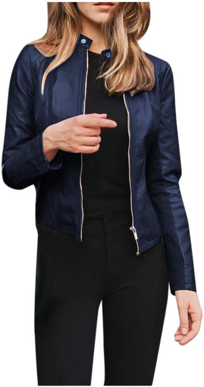 Leather Jackets for Womens,Zipper Button Down Solid Color Crop Leather Coats Fashion Punk Lepel Motor Jacket