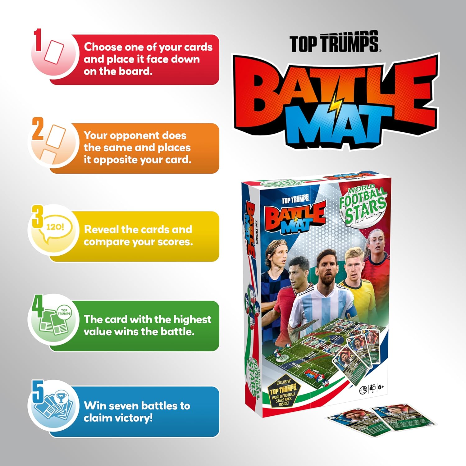 Top Trumps World Football Stars Battle Mat Card Game, Play with your favourite Football players including Cristiano Ronaldo, Lionel Messi and Harry Kane, gift and toy for boys and girls aged 6 plus