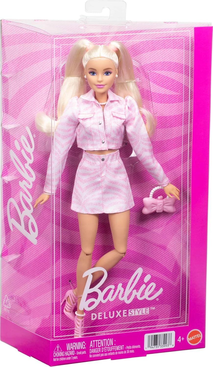 Barbie Deluxe Style Doll #9 in Pink Denim Outfit, Blonde Hair, Matching Jacket and Skirt Set with Accessories like Bow Clutch and Pearly Jewelry, JJN69